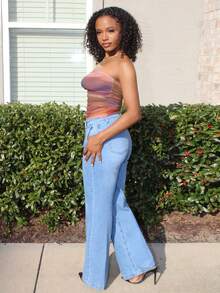 Steph T 女士休闲夏季背心扎染褶饰露肩短款上衣白色上衣外出上衣夏季衬衫 - 彩色 - 查看 3