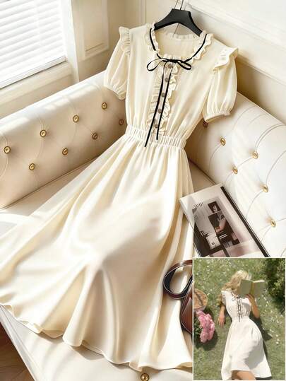 GlowEve Women's Ruffle Collar Bow Tie Waist A-Line Elegant Everyday Commute Charming Vacation Fashion Date French Street Retro Versatile Spring/Summer Midi Dress, New Apricot Color