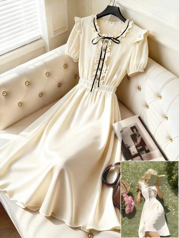 GlowEve Women's Ruffle Collar Bow Tie Waist A-Line Elegant Everyday Commute Charming Vacation Fashion Date French Street Retro Versatile Spring/Summer Midi Dress, New Apricot Color