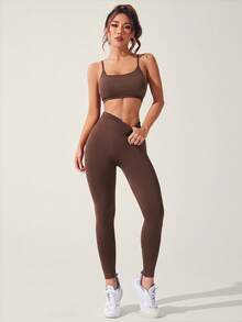 Slayform Set sport pentru femei, culoare solidă, cu bretele spaghete, încrucișate, spate, camisol simplu și pantaloni, set de sală pentru Anul Nou Chinezesc - Maro ciocolata - Vizualizare 2