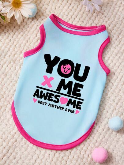 PETSIN 1pc Black Letter Heart-Shaped Smiling Face Printed Pet Vest, Light Blue With Rose Red, Soft And Breathable, Comfortable Pet Clothing