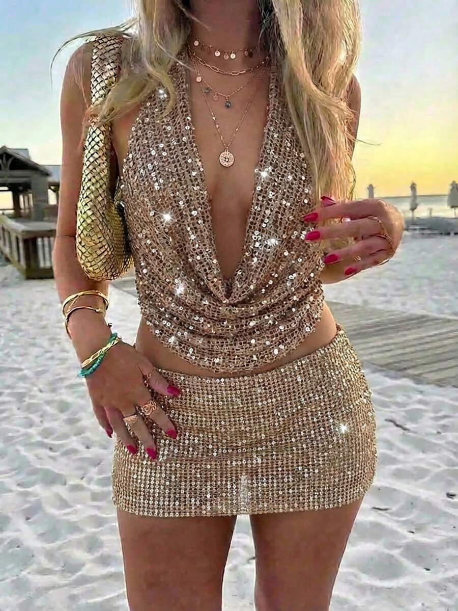 Aloruh Camiseta sin espalda con escote halter y brillantes de diamante de imitación para mujer, nueva llegada para usar en fiestas y vacaciones de verano - Caqui - Ver 1