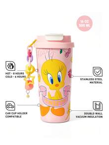 LOONEY TUNES X SHEIN 500毫升/16盎司真空隔热不锈钢杯，配1个防漏盖，适用于冷热饮，适用于大多数车载杯架 - 粉色 - 查看 3