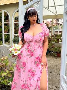 Lyrianda Plus Size Elegant Chiffon Printed Dress - Pink - View 4