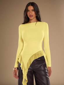 SHEIN BAE Women's Solid Color Long Sleeve Ruffle Hem Asymmetric Hem Fashionable Blouse,Summer Top - Yellow - View 7