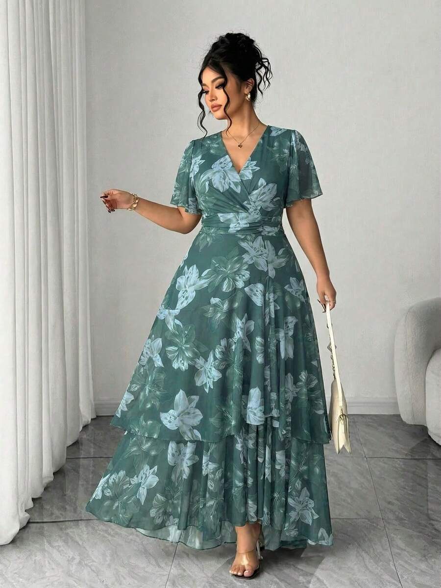 Elenzga 大尺碼女款花卉印花V領抓皺腰身晚禮服,淺藍色,夏季,優雅,婚禮賓客場合女裝曲線派對洋裝 - Fresh Green - 查看 1