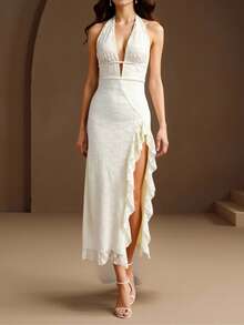 Glamine Retro Gentle Style Lace Neck Dress, Beige Deep V Backless Split Design, Summer Vacation Date, Wedding Season Party Date, Fairy Long Dress - Apricot - View 6