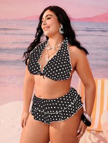 Swim Mod Bộ bikini hai mảnh cỡ lớn dành cho nữ, màu đen chấm bi, kiểu buộc dây cổ, gợi cảm, thích hợp cho kỳ nghỉ biển. - màu đen - Xem 5