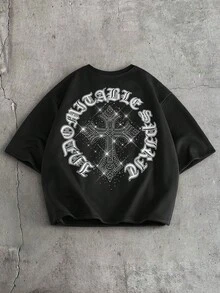 AXEPEAK 男士休闲宽松短袖T恤，白色，带印花水钻手工标签，夏季 - 黑色 - 查看 8