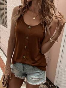 EMERY ROSE 新款时尚女式圆领纽扣吊带背心 - 咖啡棕 - 查看 1
