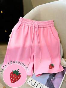Resyla Pantalones cortos de mujer con cordón y bordado de fresa, ajuste regular, rosa pálido - Rosa Fucsia - Ver 1