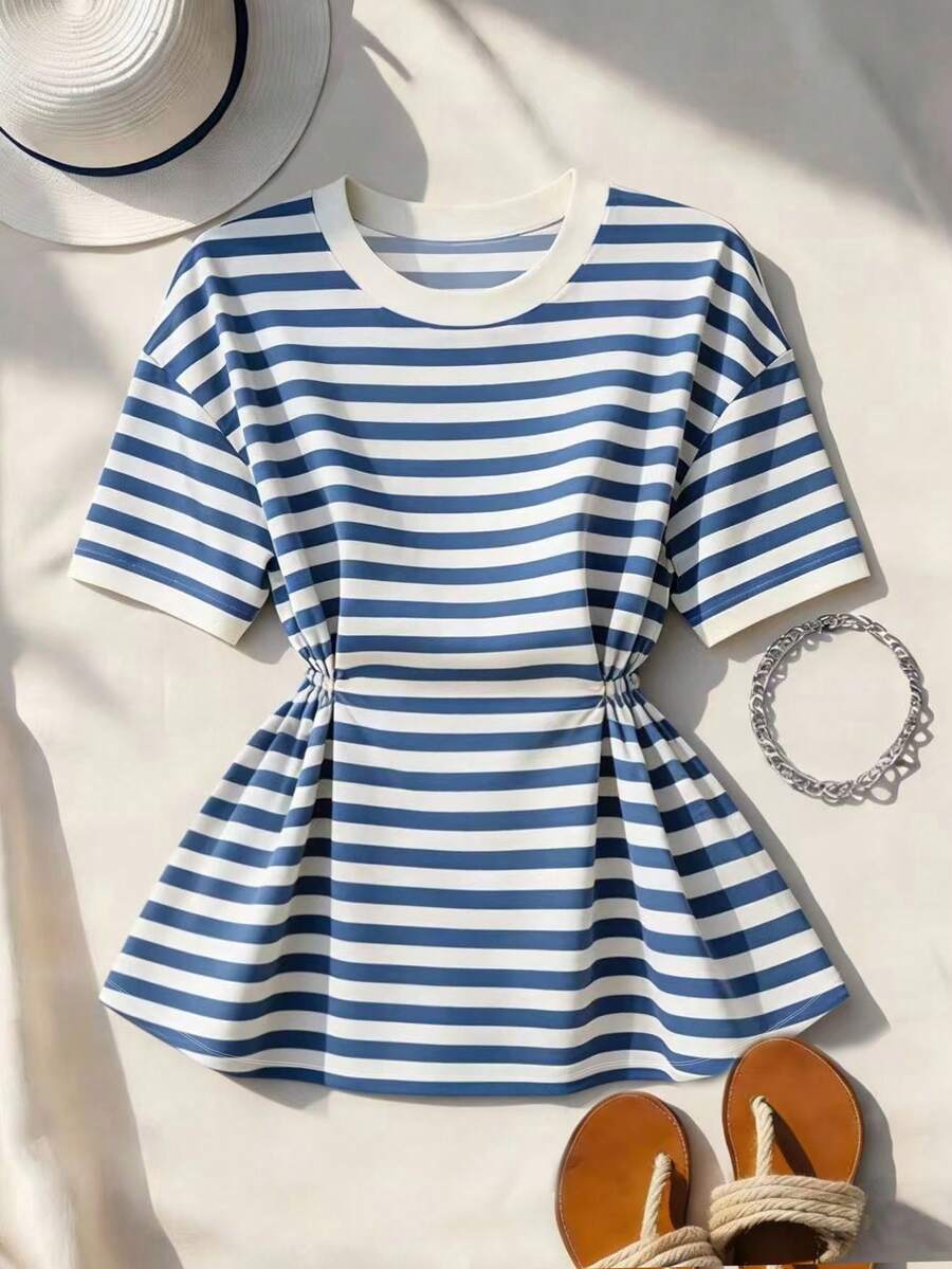 Franclia 女士休闲条纹收腰圆领短袖T恤，夏季 - 彩色 - 查看 1