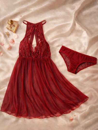 Pijama para dormir, conjunto de vestido de encaje con tanga y transparente para mujeres de talla grande