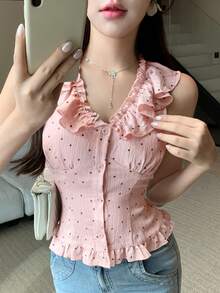 DAZY 春夏波点蕾丝衬衫，粉色，时尚百搭，适合情人节、婚礼、派对、正式场合，优雅无袖荷叶边背心开衫短袖衬衫，女士 - 粉色 - 查看 4