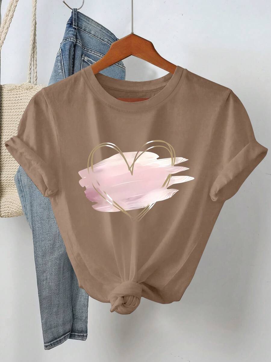 EMERY ROSE Áo thun cổ tròn in hình trái tim dành cho nữ cỡ lớn - màu nâu - Xem 1