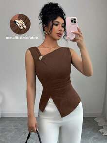 SHEIN Elenzya 女士时尚优雅纯色不对称肩部吊带背心 - 咖啡棕 - 查看 7