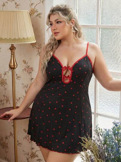 CottageSlumber Plus Size Sleepwear Dress, Red Heart Jacquard Ribbed Sexy Spaghetti Strap Bowknot Nightgown For Women