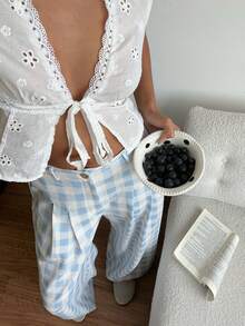 CovetEZ Quần ống rộng xếp ly kẻ caro có túi dành cho nữ, kiểu dáng thoải mái. - Màu xanh lam - Xem 3