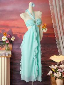 Femesol Romantic Elegant Vacation Outfit Ruffle Halter Faux 3D Flower Dress For Women, Spring/Summer - Baby Blue - View 4