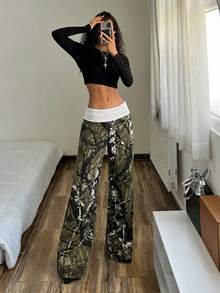 StreetHx Quần jeans nữ phong cách đường phố in hình cành cây, cạp quần phối màu tương phản - Nhiều màu - Xem 6