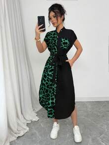 Selianne Áo sơ mi nữ phong cách thường ngày thanh lịch công sở, du lịch nghỉ dưỡng, phong cách quý tộc cổ điển, họa tiết da báo, cài cúc phía trước, thắt lưng nơ, túi hai bên, xẻ tà, chất liệu tương phản, thích hợp mặc đi làm hoặc ở nhà, mẫu đầm dài tay ngắn mới mùa hè 2025. - màu xanh lá - Xem 4