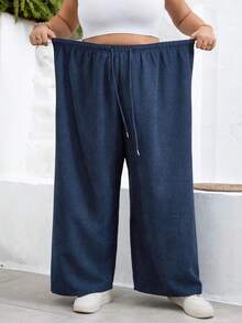 SHEIN CURVE+ Curve 尺码 US22 音乐节、海滨度假、波西米亚风宽松直筒抽绳腰灯芯绒裤，牛仔蓝 - 藍色 - 查看 11