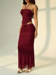 SHEIN PETITE New Vacation Western Beach Wedding Guest Attire, Graduation Brunch, St. Patrick's Day, Spring Break, Easter, Music Festival, Elegant Bohemian Tropical Strapless Sleeveless Mesh Ruffle Hem Two Pieces Set - Burgundy - View 3