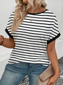 EMERY ROSE Women's Spring/Summer New Round Neck Short Sleeve Striped Print Casual Versatile Plus Size T-Shirt - White - View 5