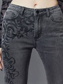 ROMWE Goth 哥特式暗黑复古图案印花修身性感弹力低腰喇叭牛仔裤，学院风 - 深灰色 - 查看 3