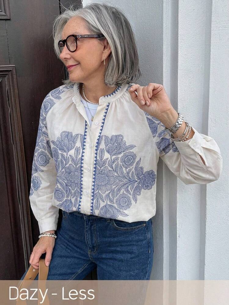 Women's Floral Print Raglan Sleeve Single-Breasted Shirt, Vacation Wear Boho