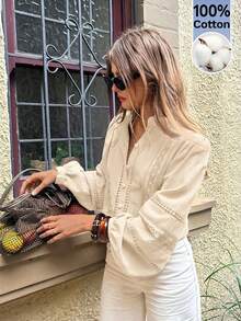 Serisse 女士度假刺绣镂空单排扣长袖休闲衬衫 - 杏色 - 查看 5