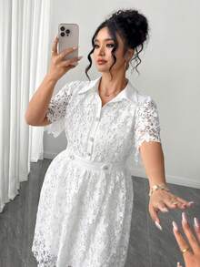 Elenzga 大码女式优雅纯色刺绣蕾丝镂空拼接衬衫领短袖纽扣修身A字中长连衣裙，适合春夏派对和度假穿着。 - 米色 - 查看 9