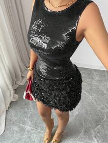 Rafferiza 女士优雅休闲假日圣诞亮片酒红色连衣裙 - 黑色 - 查看 5