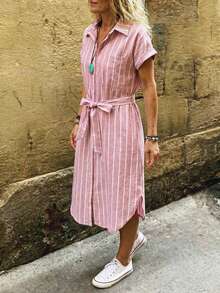 Linavere New Spring/Summer Women's Fashion Elegant Short Sleeve Striped Shirt Dress - Tie-Front Design - Commuter Chic Minimalist Style - Suitable For Daily Wear, Dates, Travels - Pink - View 5