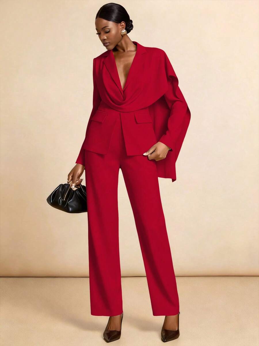 Vesra French Atmosphere Plunging Neckline Design Red Suit Jacket & Pants Set - Red - View 1
