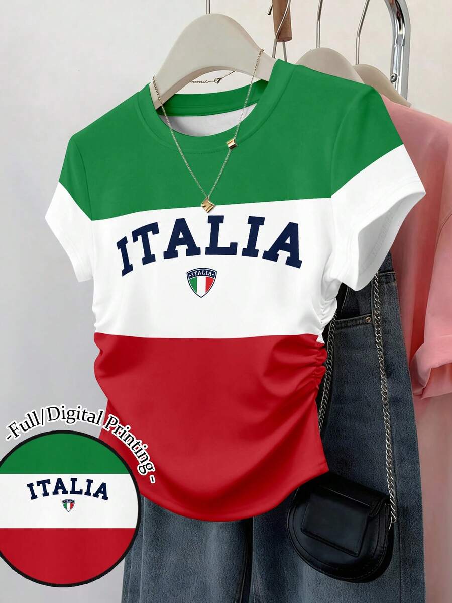 Resyla Kaos Wanita Lengan Pendek dengan Potongan Pinggang Ramping dan Motif Blok Warna Italia - MultiWarna - View 1
