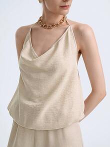 Aalyst Women's Fashionable Sleeveless Deep Draped Neck Loose Casual Jumpsuit, Romantic & Elegant For Daily Wear, Commute, Date, Party, Dining, Spring/Summer - Apricot - View 4