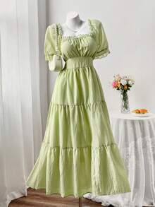Sweetra Casual Hollow-Out Square Neck Long Cake Dress For Ladies - Green - View 1