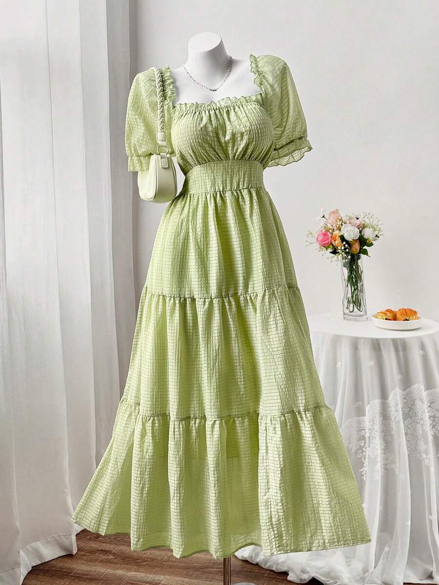 Sweetra Casual Hollow-Out Square Neck Long Cake Dress For Ladies - Green - View 1