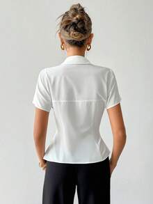 SHEIN 女士条纹拼接修身休闲日常短袖衬衫 - 藏蓝色 - 查看 2
