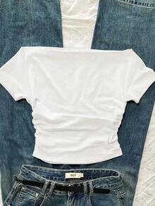 Attitoon 女士休闲腰部褶皱柠檬清新字母印花露肩紧身短袖白色T恤，适合夏季、度假、海滩、时尚、Y2K风格 - 白色 - 查看 2