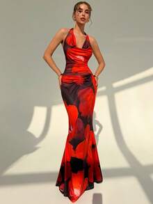 RiviMae Floral Print Draped Neck Top And Bodycon Mermaid Skirt Set, Sexy - Multicolor - View 4