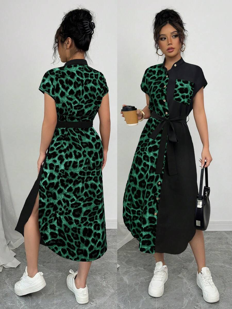 Selianne Áo sơ mi nữ phong cách thường ngày thanh lịch công sở, du lịch nghỉ dưỡng, phong cách quý tộc cổ điển, họa tiết da báo, cài cúc phía trước, thắt lưng nơ, túi hai bên, xẻ tà, chất liệu tương phản, thích hợp mặc đi làm hoặc ở nhà, mẫu đầm dài tay ngắn mới mùa hè 2025. - màu xanh lá - Xem 1