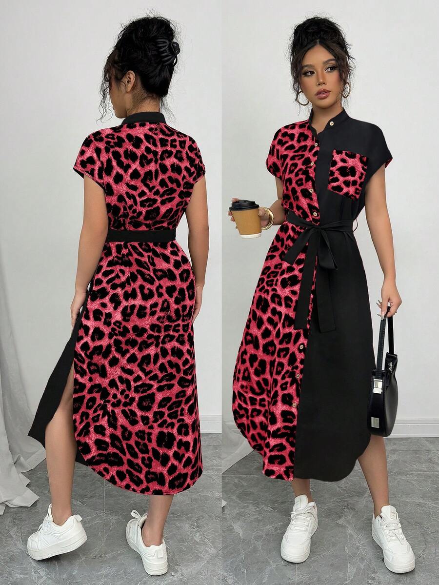 Selianne Women's Casual Elegant Business Casual Vacation Travel Old Money Style Leopard Print Front Button Shirt Belt Bow Pocket Side Slits Commuting Home Contrast Fabric 2025 Summer New Short Sleeve Long Dress - Red - View 1