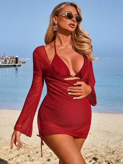 Swim Vcay 孕妇夏季沙滩纯色吊带系带性感比基尼三角裤泳衣套装（含连衣裙）