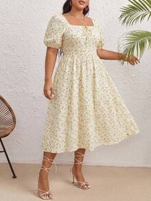 SHEIN VCAY Đầm midi dáng xòe màu vàng cổ vuông tay cánh hoa phong cách Bohemian, tôn dáng và giúp thon gọn vóc dáng cho nữ, thích hợp cho mùa hè. - Màu be - Xem 5