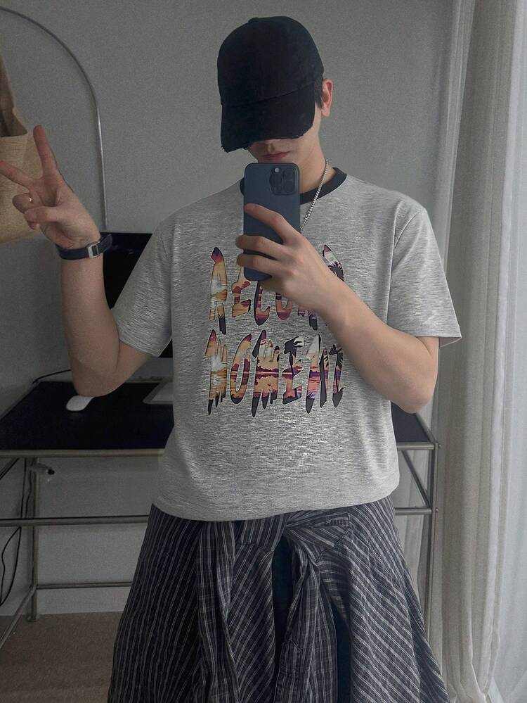 Men's Short Sleeve Graphic Print T-Shirt, Grey, Summer