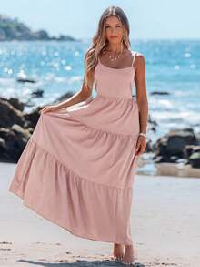 Sylviya 休闲长肩带系带蝴蝶结装饰吊带连衣裙，春夏 - 粉色 - 查看 3