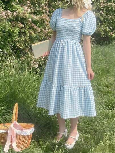 Girls' Casual Vacation Plaid Petal Sleeve Dress, Summer Outfits, Soft Princess Style Sweet & Cute, Suitable For Vacation, Travel, Campus, Daily Wear