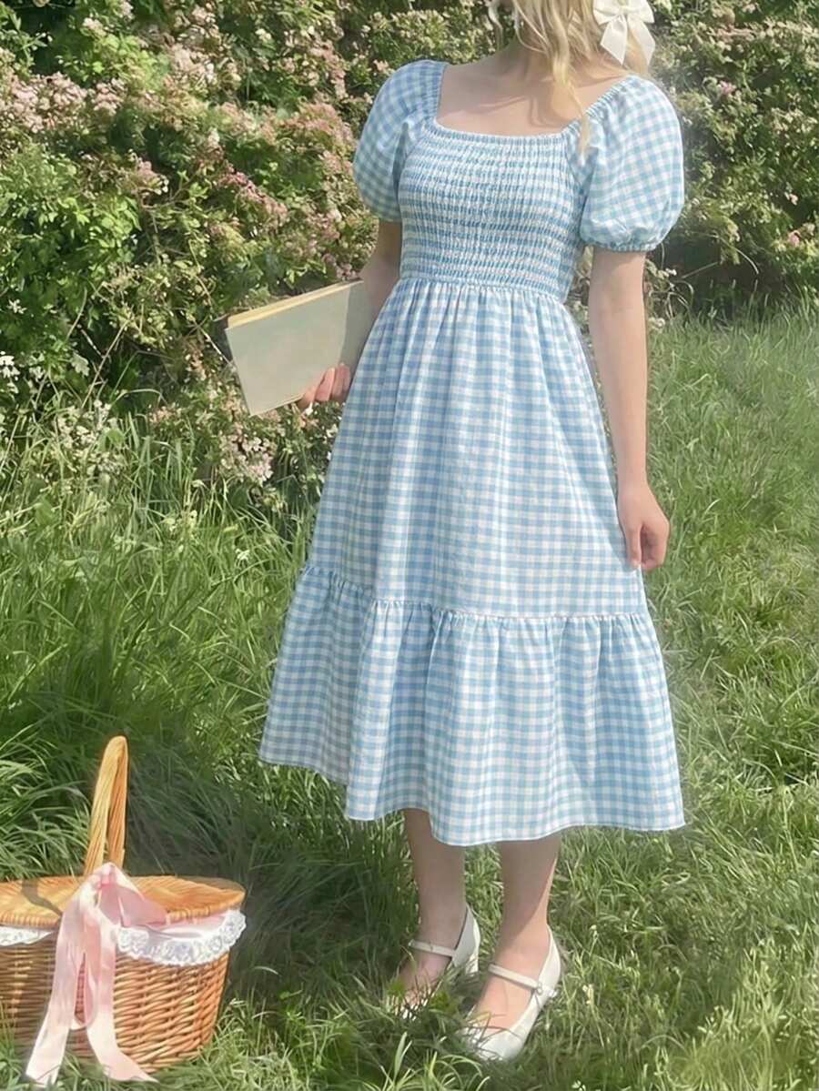 女童休闲度假格子花瓣袖连衣裙,夏季穿搭,柔美公主风,甜美可爱,适合度假、旅行、校园、日常穿着 - 藍色 - 查看 1